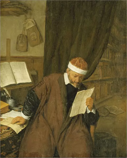 A Lawyer Seated at a Desk Reading a Letter, a Library Beyond, 1668 (oil on canvas)