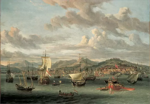 Dutch shipping off the Bay of Smyrna with a state barge (oil on canvas)