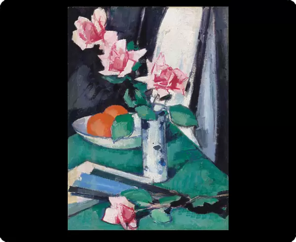 Still Life with Pink Roses and Oranges in a Blue and White Vase, (oil on canvas)