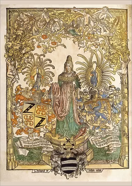 Allegorical figure of Mainz, 1486 (hand-coloured woodcut)