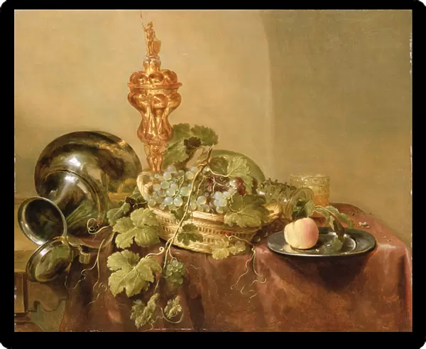 Grapes in a basket, A Peach on a Pewter Plate, A Silver Gilt covered Chalice
