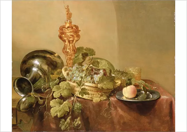 Grapes in a basket, A Peach on a Pewter Plate, A Silver Gilt covered Chalice