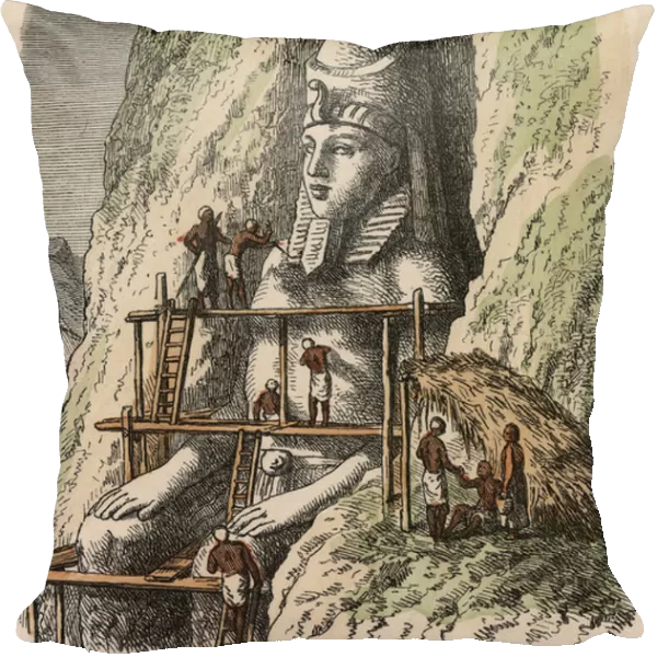 Ancient Egypt: Carving a statue of the Abu Simbel Temple, 1866 (coloured engraving)