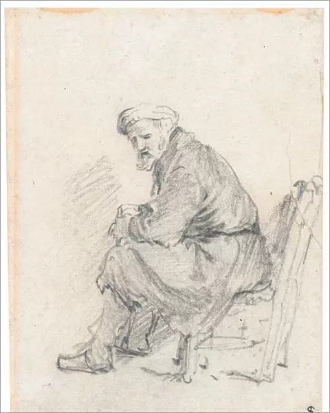Old man in a turban, seated in profile, turning to the left (chalk & graphite on paper)