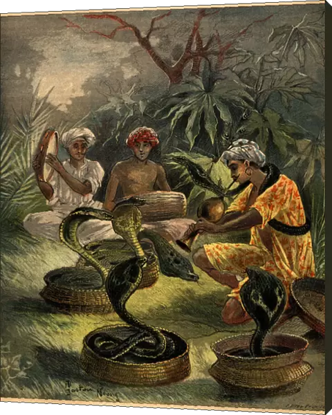 Snake charmers (cobras) in India. Engraving in 'La Terre Illustree'
