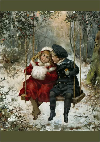 Two kids on a swing. The little boy wears a sailor suit and the little girl a muff