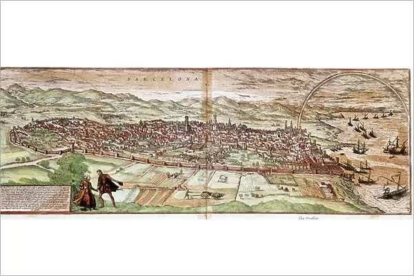 Map of Barcelona - Spain (engraving, 16th century)