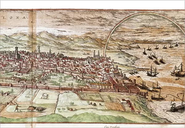 Map of Barcelona - Spain (engraving, 16th century)