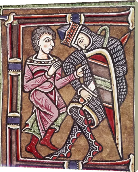 Initial letter E with David and Uriah, spouse of Bathsheba (miniature, 12th century)