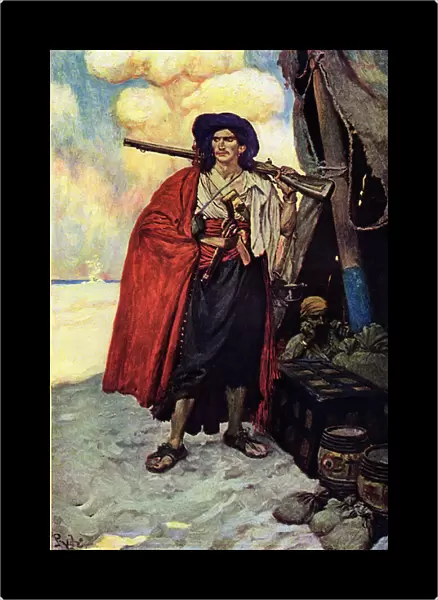 Portrait of a pirate armed with a rifle. Near him the treasor