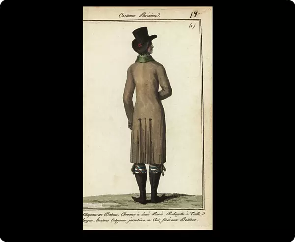 Gentleman in long riding coat, 1798 (handcoloured copperplate engraving)