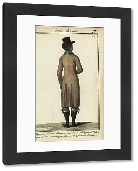 Gentleman in long riding coat, 1798 (handcoloured copperplate engraving)