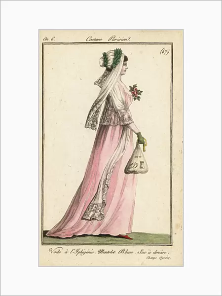 Woman with rebus bag on the Champs-Elysees, 1798 (handcoloured copperplate engraving)
