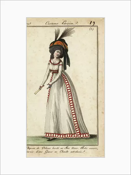 Fashionable woman with fan in huge hairstyle and hat, 1798 (handcoloured copperplate engraving)