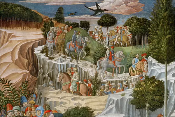 Procession on horseback descending a hill, detail from the Journey of the Magi cycle in