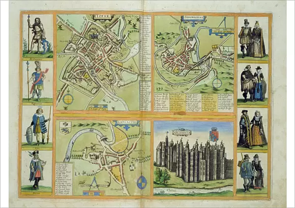 Maps of York, Shrewsbury, Lancaster, and Richmond, from Civitates Orbis Terrarum