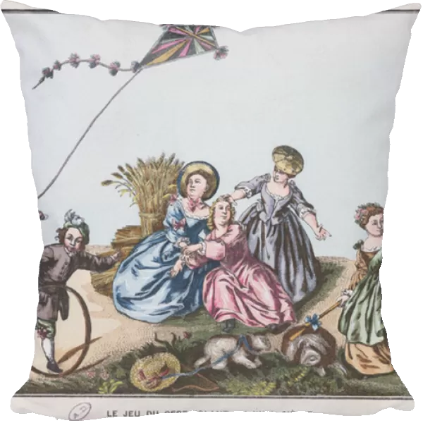 Flying a kite in the 18th century (colour engraving)
