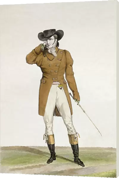 A Dandy dressed in a boat-shaped hat, a dun-coloured jacket and buckskin breeches