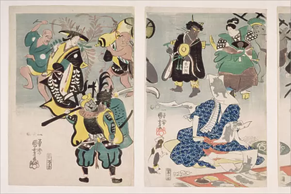 Otsu-e Paintings Coming Alive Triptych, c. 1847-52 (woodblock print)