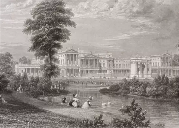 View of Buckingham Palace and Marble Arch, from St. Jamess Park, c. 1835 (engraving)