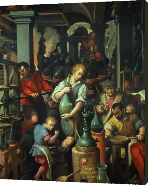 The Alchemists Workshop, 1570 (oil on slate)