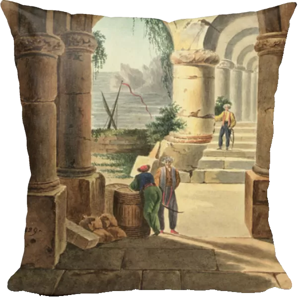 View of the Sea through a Cloister, 1829 (w  /  c on cardboard)