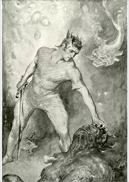 Beowulf shears off the head of Grendel (litho)