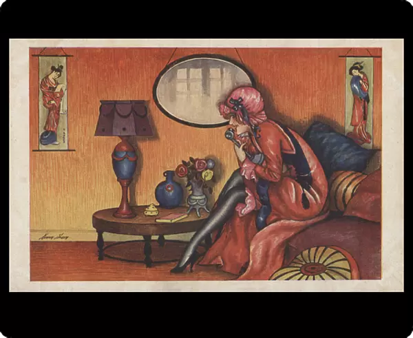 Woman on the telephone (colour litho)