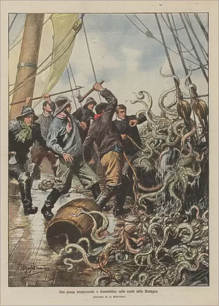 An exciting and dramatic fishing on the coast of Brittany (colour litho)