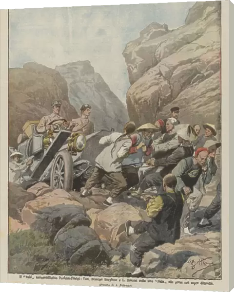 The Beijing-Paris car raid, Hon. Prince Borghese and L, Barzini in their Italy at... (colour litho)