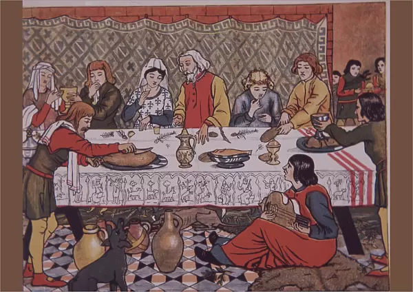 Medieval lord of manor dining (colour litho)