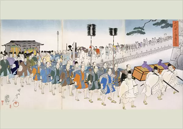 Samurai Warriors on the March (colour woodblock print)