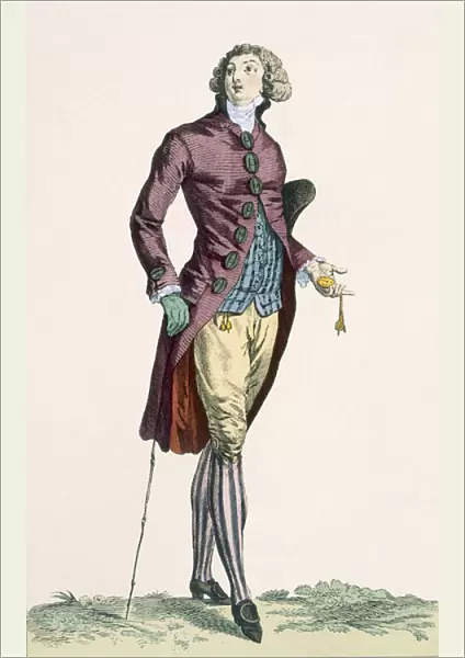 A gallant young man wearing crushed velvet outfit with covered buttons