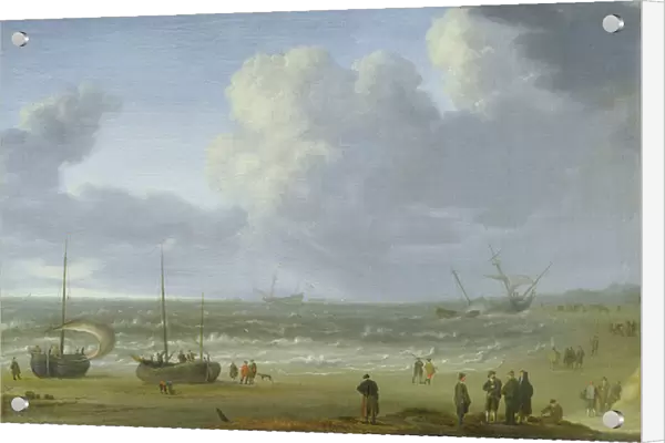 Ships in an Estuary with Fishermen by a Jetty (oil on panel)