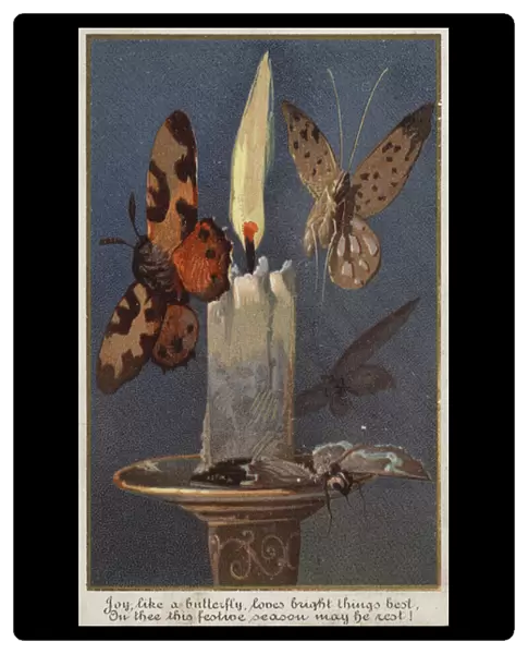 Butterflies around a burning candle (chromolitho)