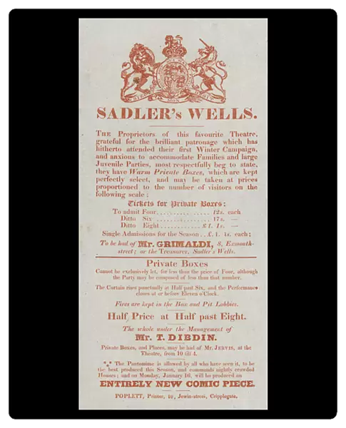 Advertisement for the Sadlers Wells Theatre (engraving)