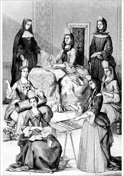 Madame de Saint-Cyr, a nun, a novice and young girls of the four classes (engraving)