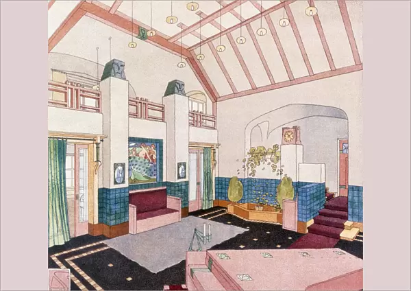 Jugendstil or early Modernist style living room (colour litho)