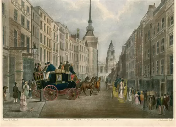 The Cambridge Coach leaving Belle Sauvage Yard, Ludgate Hill, London (coloured engraving)