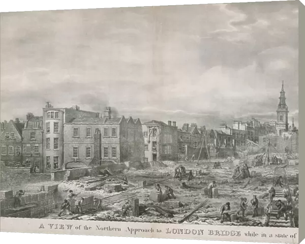 A view of the northern approach to London Bridge while in a state of progress (engraving)