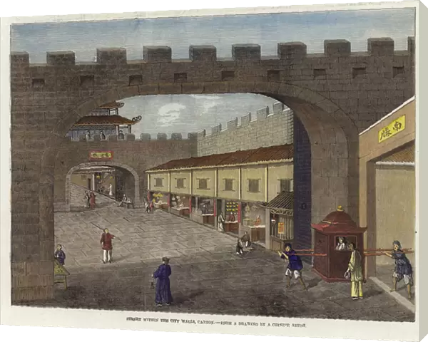 Street within the city walls, Canton (coloured engraving)
