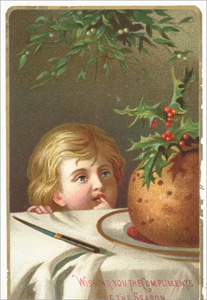 Staring at the Plum Pudding, Christma Card (chromolitho)
