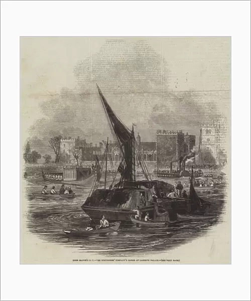 Lord Mayors Day, the Stationers Companys Barge at Lambeth Palace (engraving)