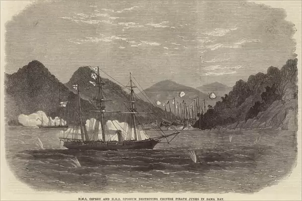 HMS Osprey and HMS Opossum destroying Chinese Pirate Junks in Sama Bay (engraving)