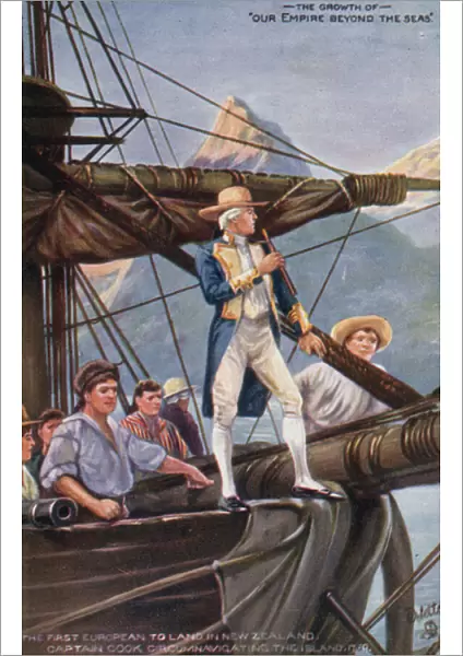 Captain Cook circumnavigating New Zealand, 1769 (colour litho)