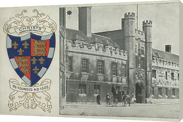 Christs College Cambridge, Cambridgeshire and its coat of arms (b  /  w photo)