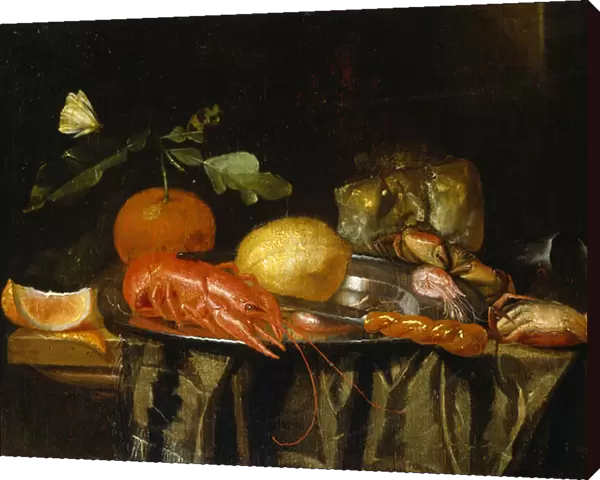 A Crayfish, Prawns and a Lemon on a Pewter Plate on a Draped Table (oil on canvas)
