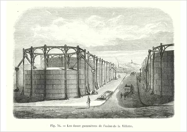 Les douze gazometres de l usine de la Villette (engraving)