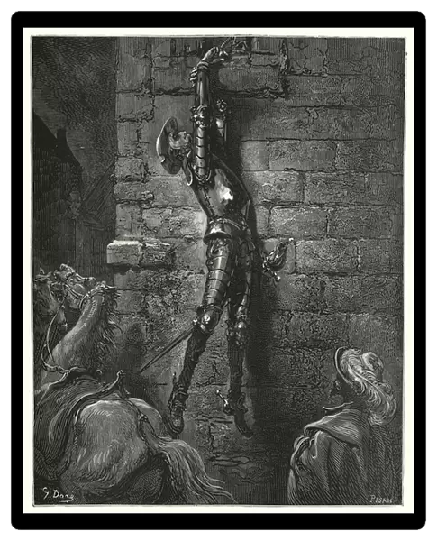 Gustave Dores Don Quixote: 'He had inevitably fallen to the ground, had not his wrist been securely fastened to the rope'(engraving)
