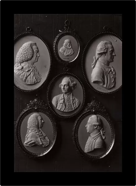 Wedgwood jasperware portrait medallions of Lord Bacon, Lord Chief Justice Mansfield, Sir William Herschel, Captain James Cook, Lord Chief Justice Camden and Sir Joseph Banks (autotype)